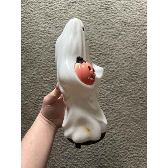 10” VTG Empire 1995 Plastic Blow Mold Halloween Ghost White Holding Pumpkin - Picture 2 of 6